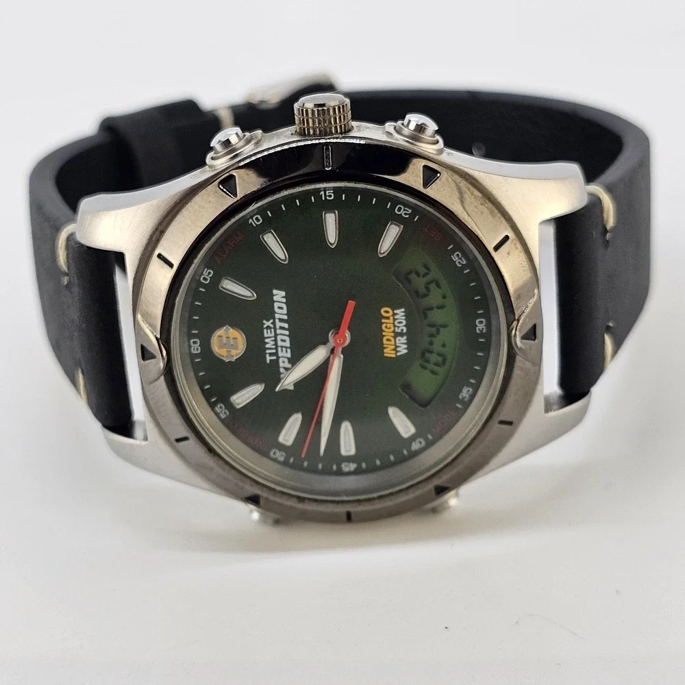 Timex Expedition Ana Dig Men Watch 38MM Green Dial NEW Black Bands New Battery